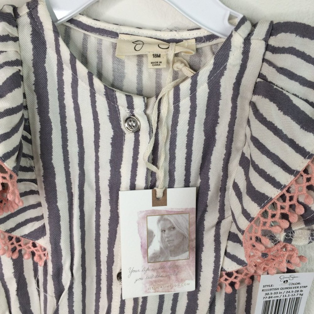 Jessica Simpson Baby Jumpsuit 18 Months Gray Pink Striped Ruffle Sleeve - Picture 3 of 9